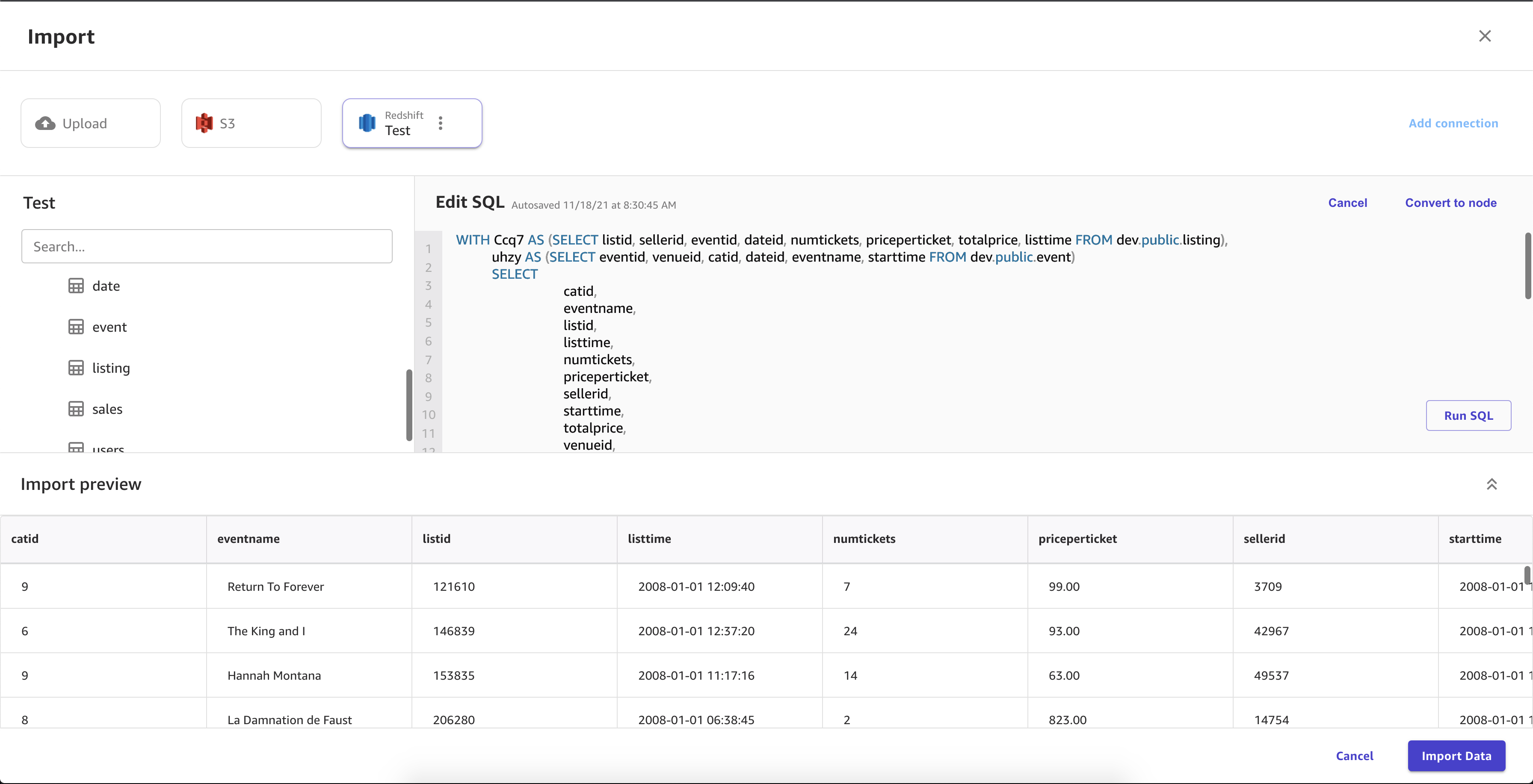 
                        Screenshot of a SQL query in the Edit SQL editor on the Import page in Canvas.
                    