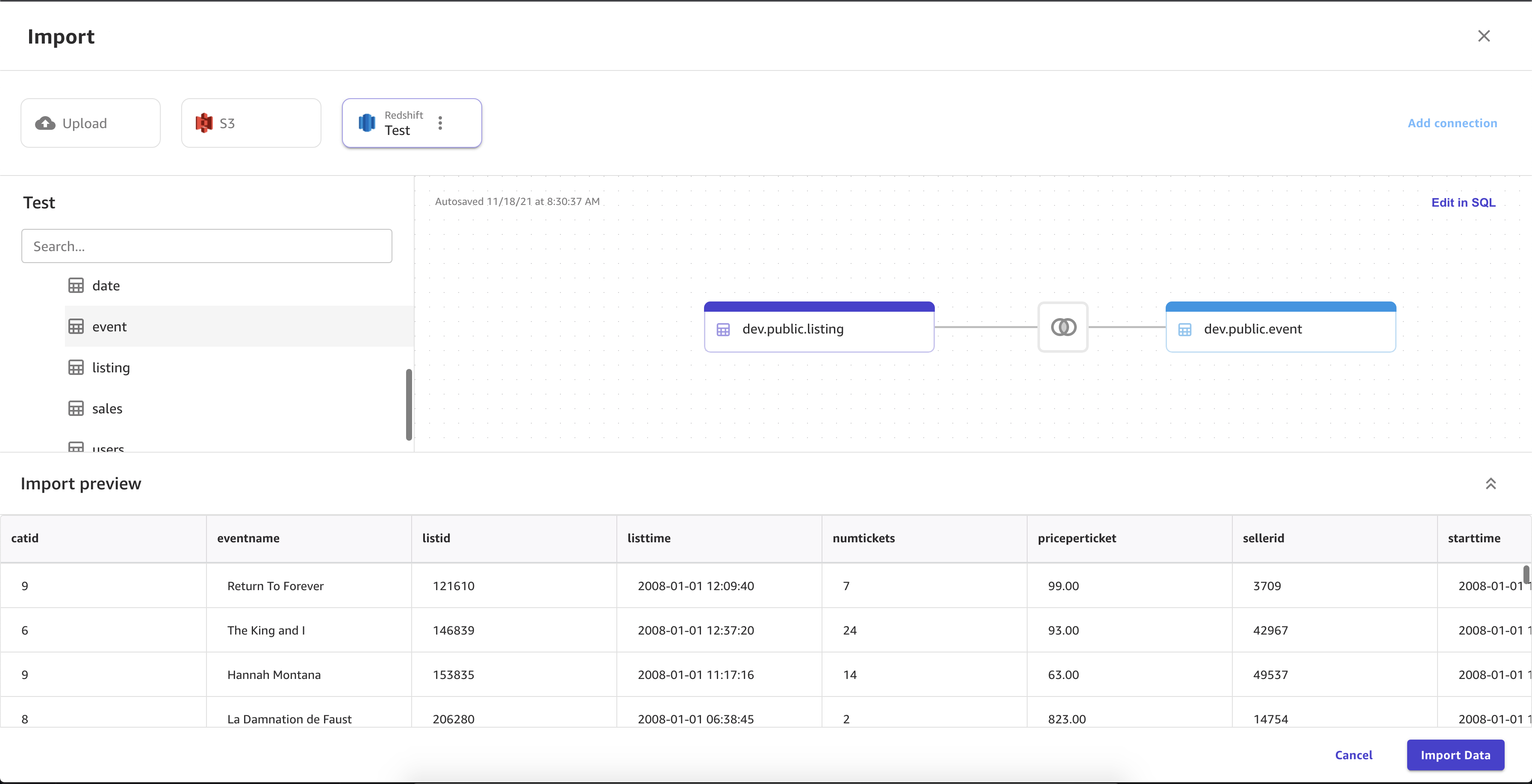 
                        Screenshot of the Import page in Canvas, showing two datasets being joined.
                    