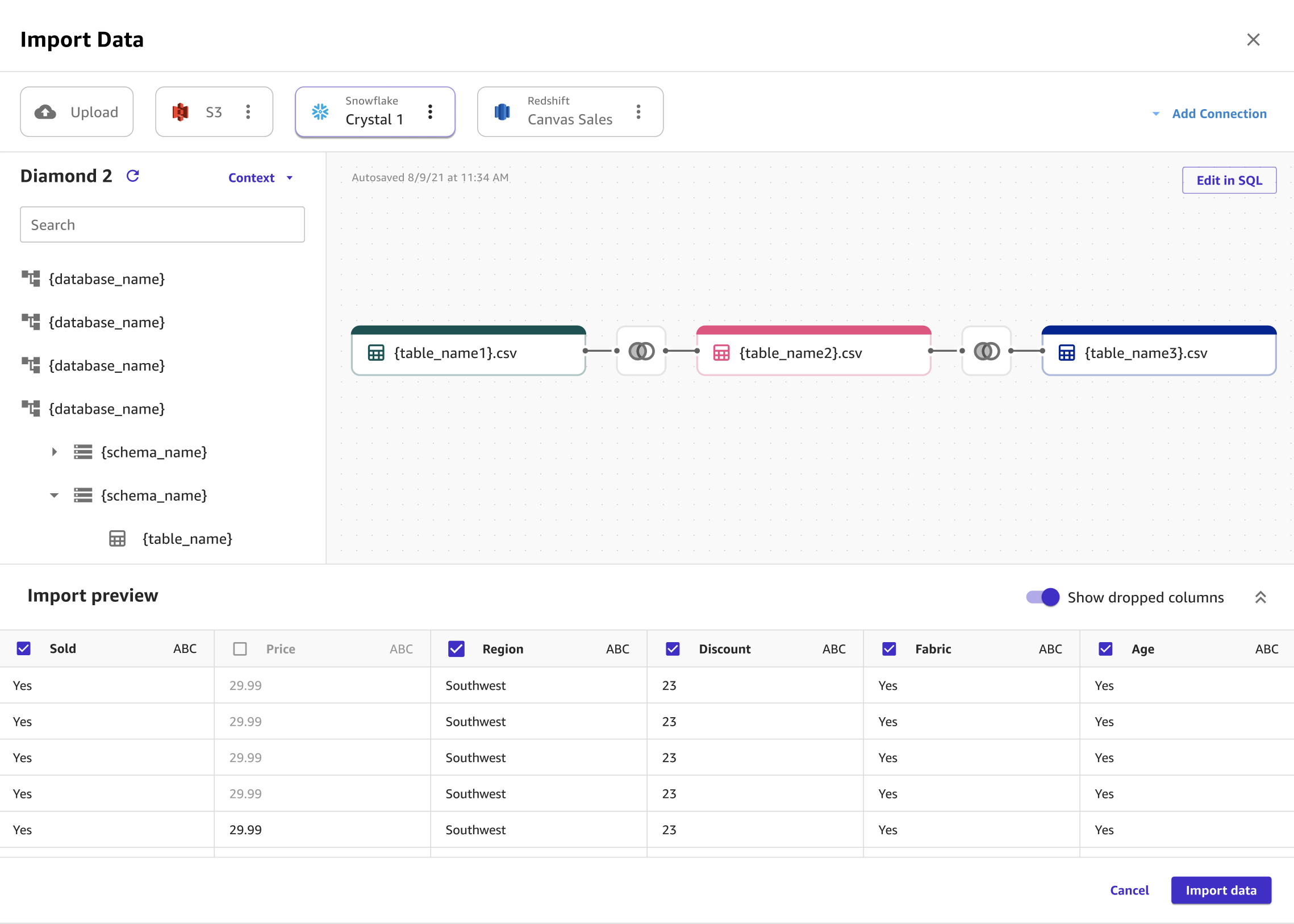 
                        Screenshot of the Import page in Canvas, showing datasets being joined.
                    