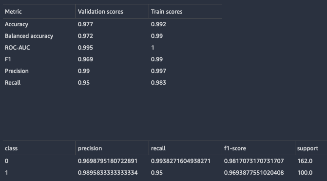 Example classification model summary.
