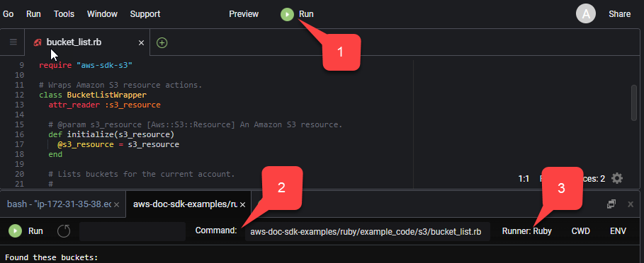 Choosing Run from the top menu bar of the AWS Cloud9 IDE opens a new tab with the Command box populated and the PHP runner already selected.