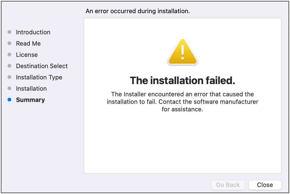 
						Image of the AWS SAM CLI installer showing an installation failed message
					