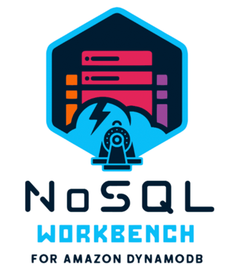 Hexagonal blue icon with database towers in the background, cloud with lightning in the mid-ground, and a dynamo generator in the foreground. Under is text for NoSQL Workbench for Amazon DynamoDB
