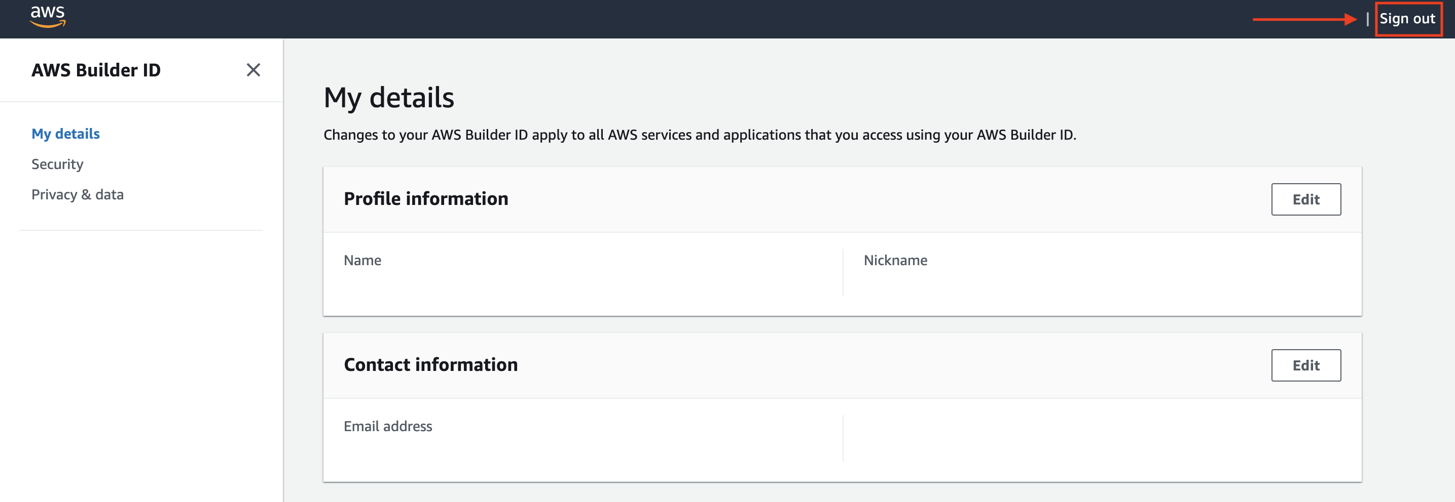 AWS Builder ID profile page that highlights Sign out in top right corner.