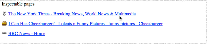 List of website titles including The New York Times, I Can Has Cheezburger, and BBC News.