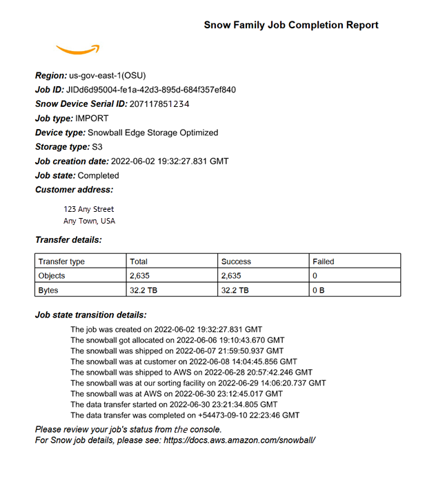 Sample job completion report including job ID, job type, device type, job state, and data transfer details.