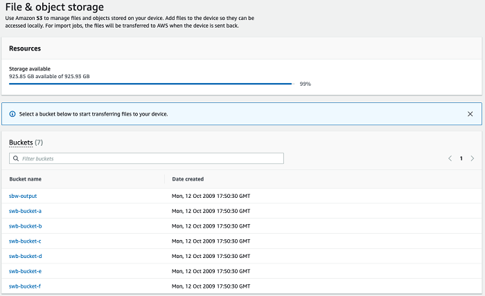 File and object storage page showing Amazon S3 buckets on the Snowball Edge device