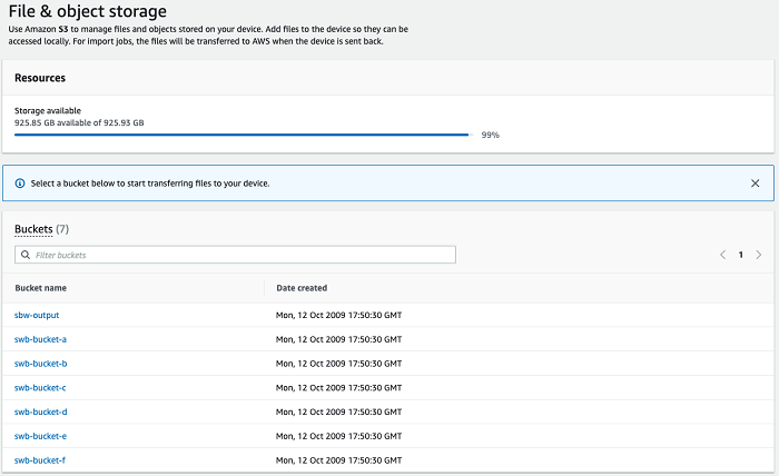 
                                File and object storage page showing Amazon S3 buckets on the
                                    Snow Family device
                            