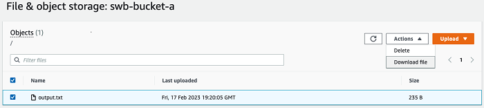 File and object storage page showing one file selected and the actions menu open showing Download file option.