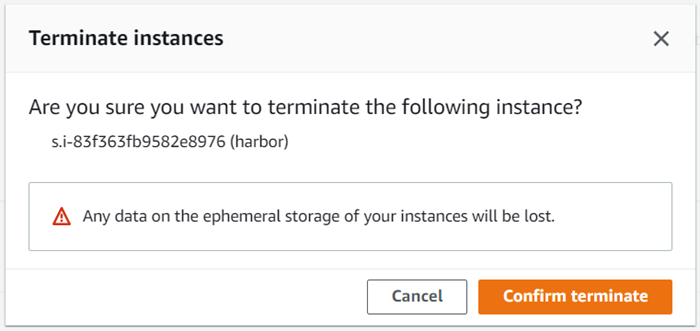 Terminate instances window showing instance name and Confirm terminate button.