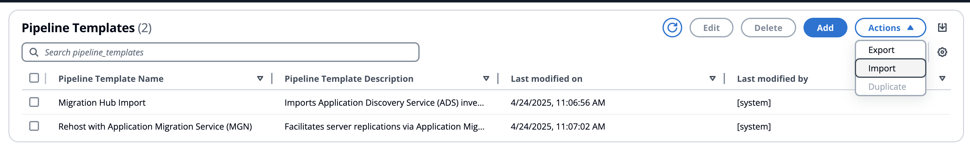 pipeline template action import