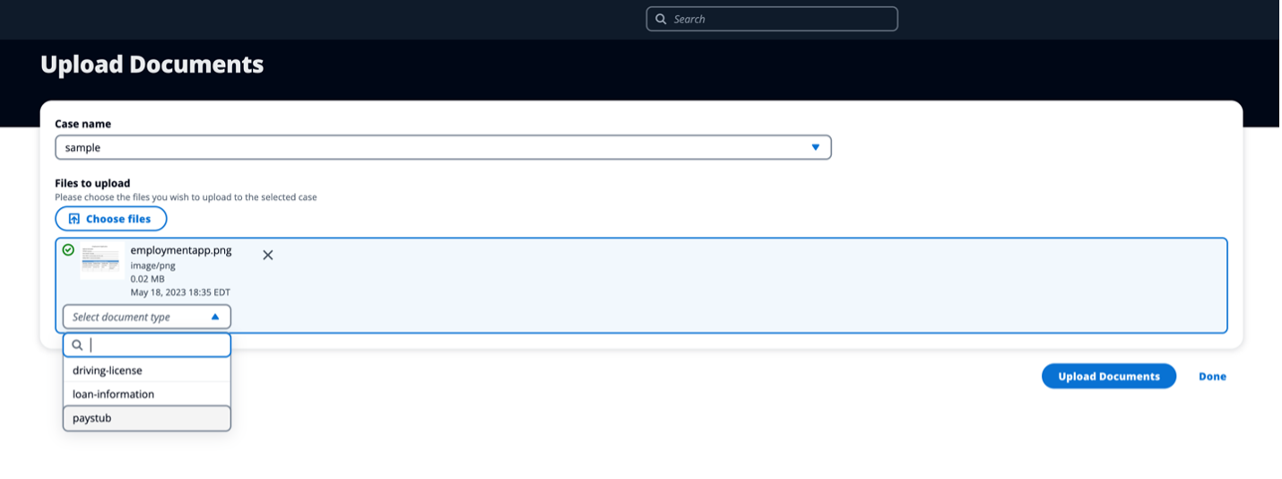 Screen showing Upload Documents drop down