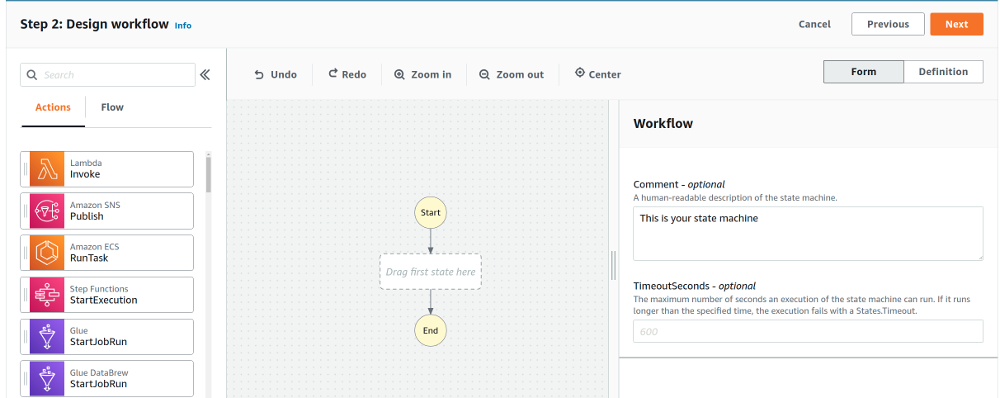 
            Workflow Studio interface. The Actions panel on the left is
              selected.
          