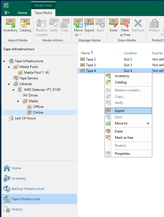 
                        Veeam screen with Storage Gateway online media selected and export
                            highlighted in tape context menu.
                    