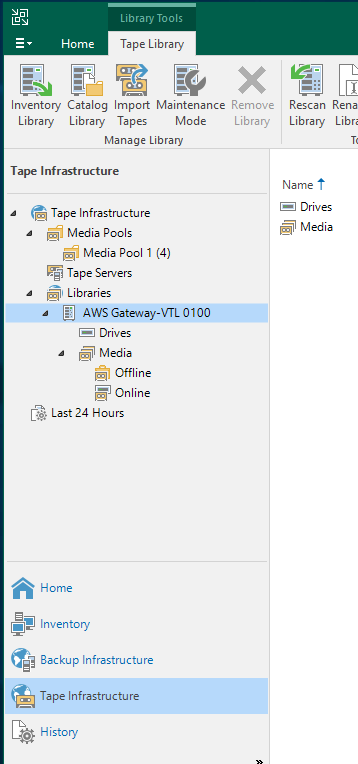 
                            Veeam tape infrastructure tab showing Storage Gateway library
                                expanded.
                        
