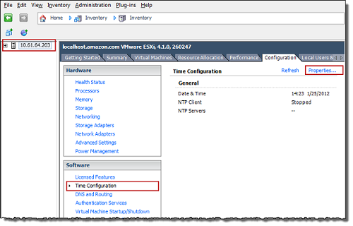 
                                vSphere screen with host node, configuration tab, time
                                    configuration, and properties selected.
                            