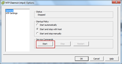 
                                        vSphere NTP Daemon Options screen with General panel
                                            selected and start highlighted.
                                    