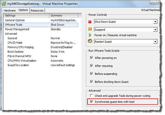 
                                Virtual Machine Properties screen with options tab and
                                    synchronize guest time with host selected.
                            