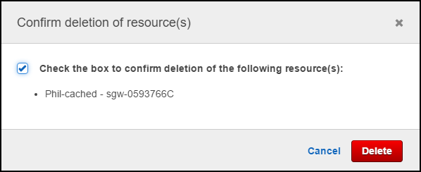 Storage Gateway console confirm deletion of resources dialog showing gateway ID to delete.