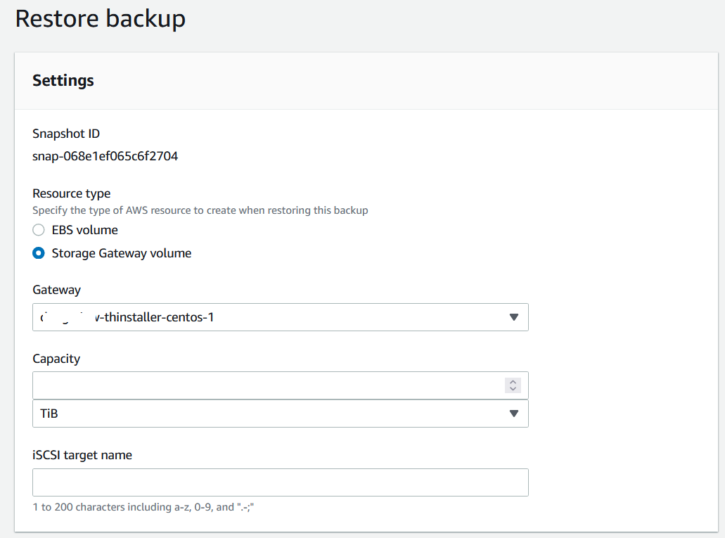 
                                    AWS backup console restore backup page with Storage Gateway
                                        volume resource type selected.
                                