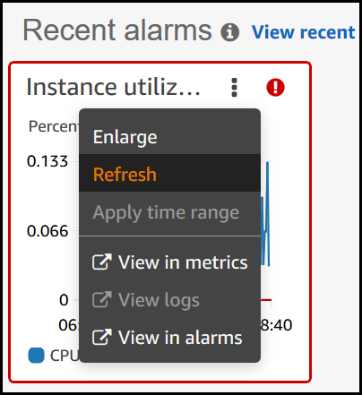 
                                Context-sensitive alarm widget options in the Recent alarms
                                    section of the Application Manager Monitoring tab.
                            