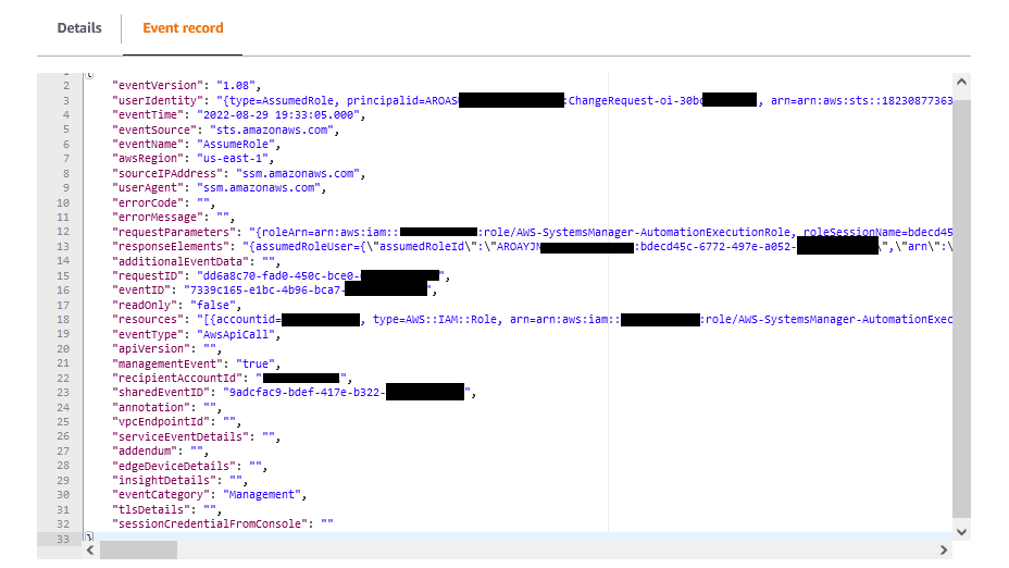 JSON record of a change request from CloudTrail Lake.