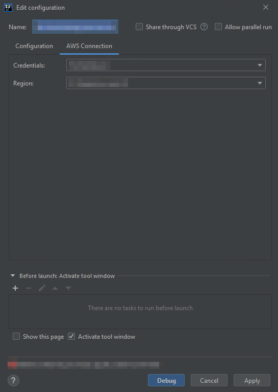 
        The AWS Connection tab of the Edit configuration dialog box.
      