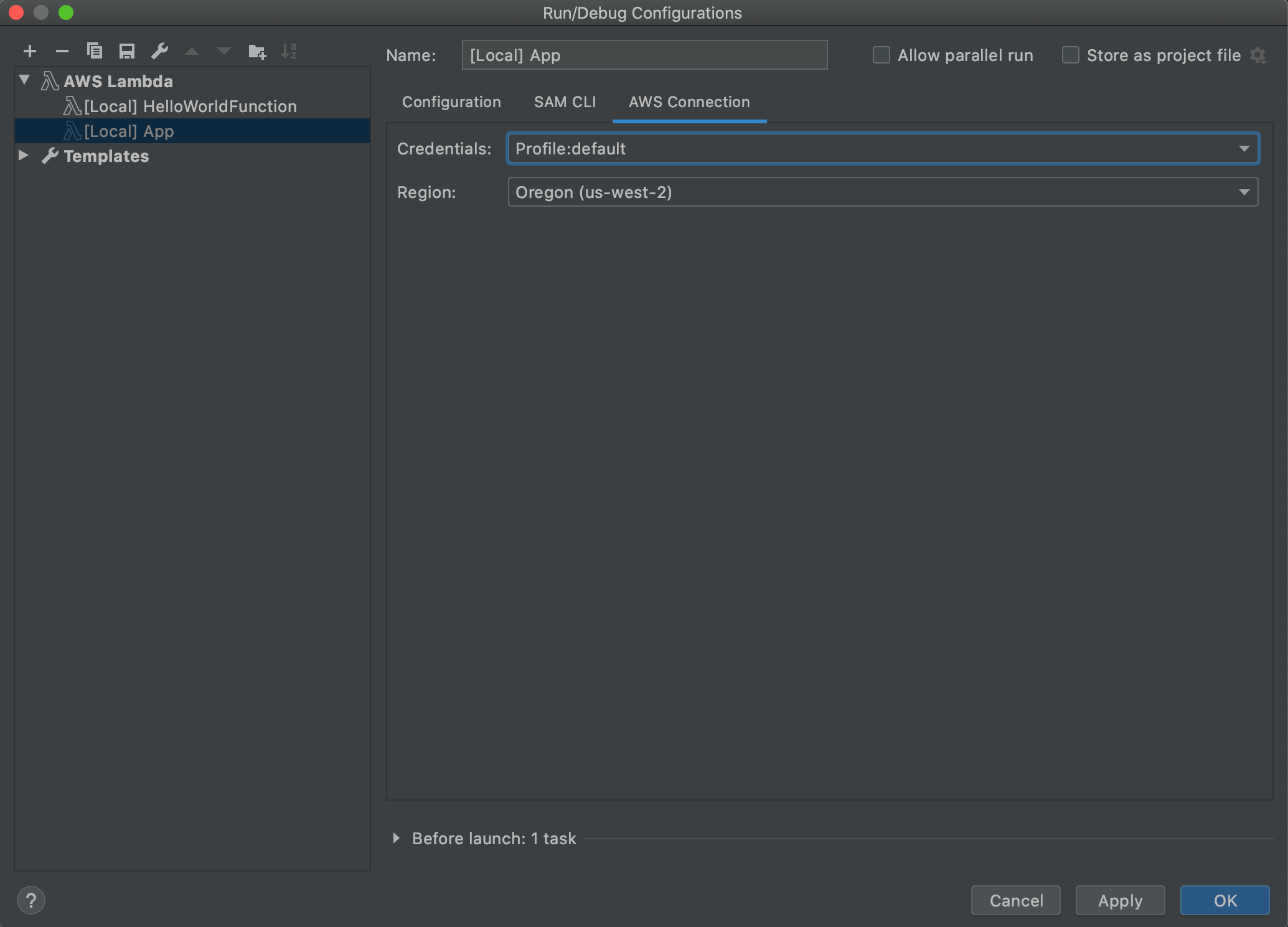 
        The AWS Connection tab of the Run/Debug Configurations dialog box for local
          function settings.
      