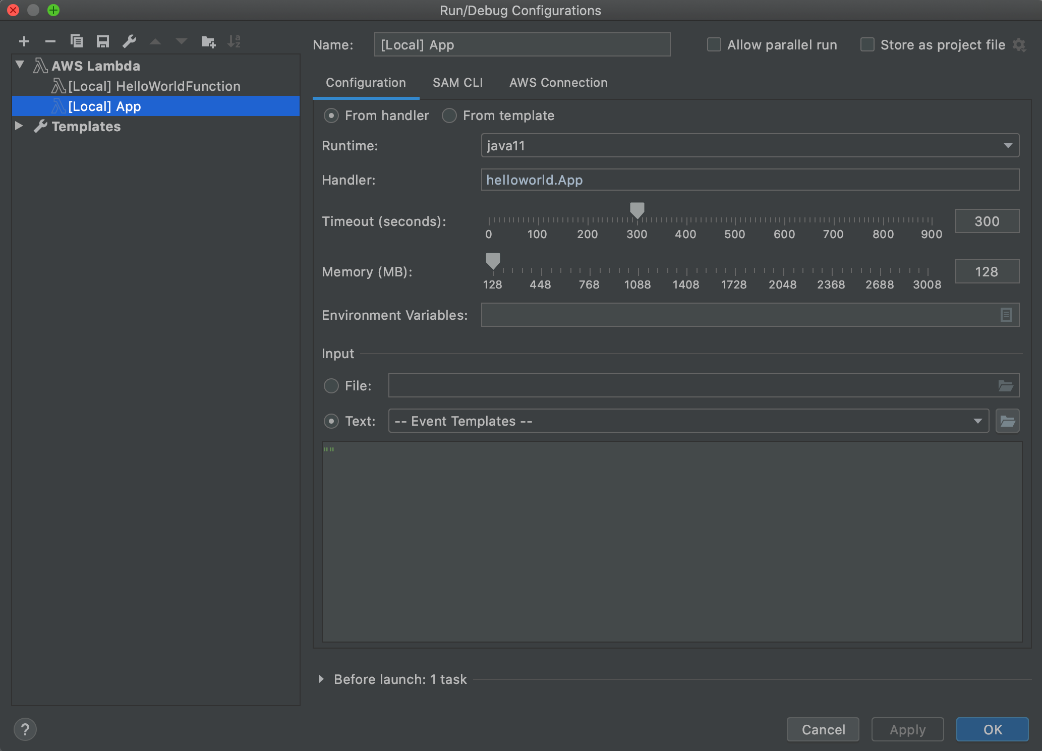 
        The Configuration tab of the Run/Debug Configurations dialog box for local function
          settings.
      
