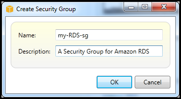 Dialog box for creating a security group with fields for name and description.