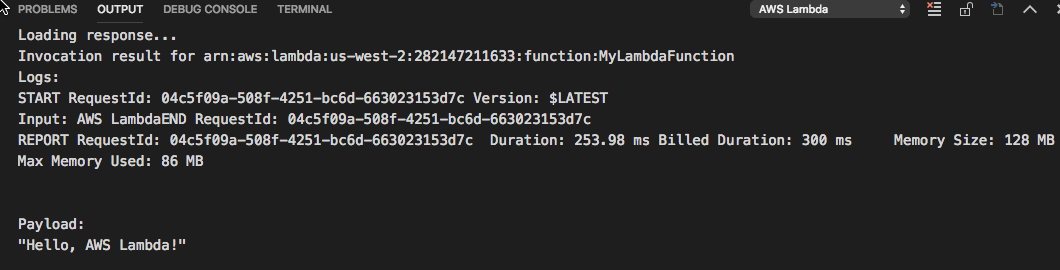 
        Output of Lambda function running.
      