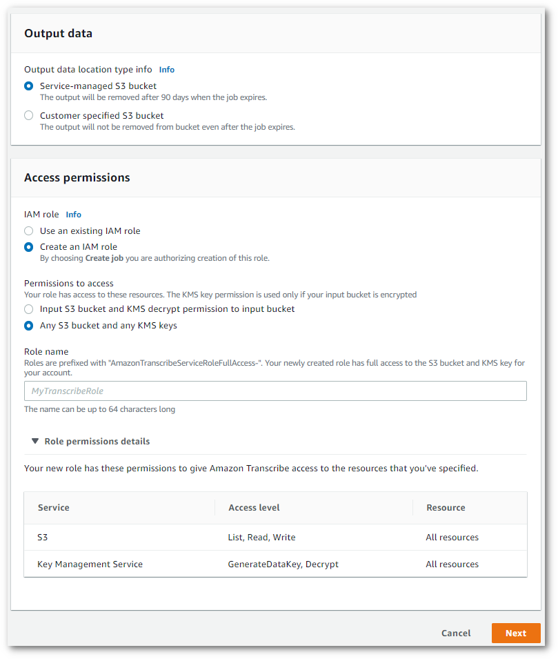 Amazon Transcribe console screenshot: the 'access permissions' panel.