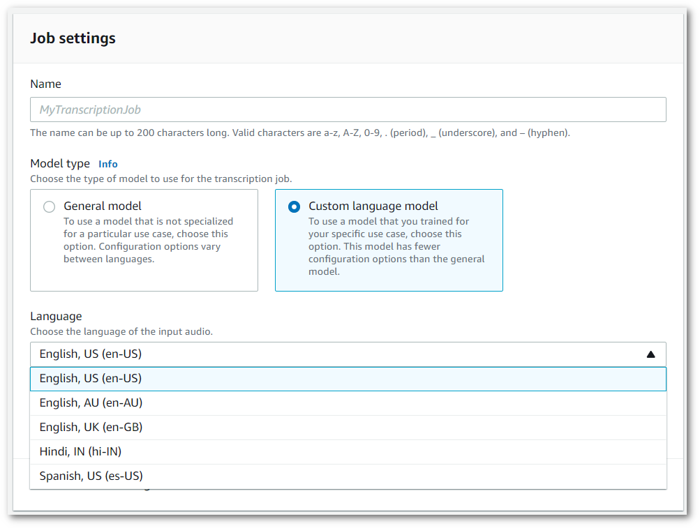 Amazon Transcribe console screenshot: the 'job settings' page showing dropdown language menu.