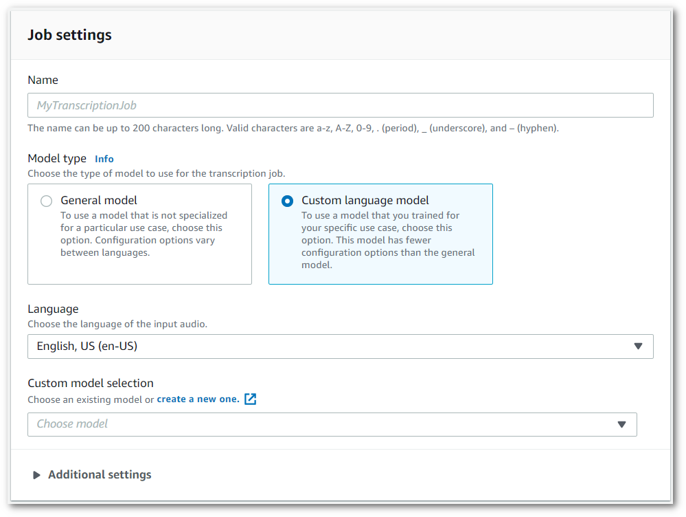 Amazon Transcribe console screenshot: the 'job settings' page.