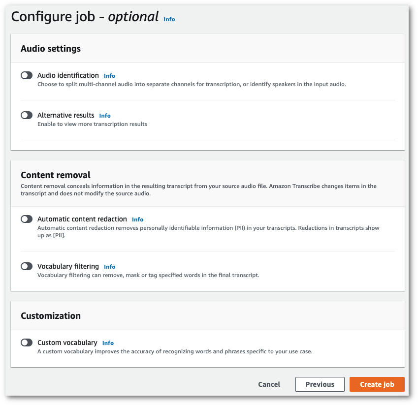 
                        Amazon Transcribe console screenshot: the 'configure job' page.
                    