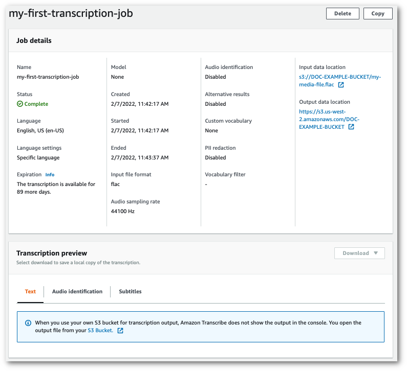 
                                Amazon Transcribe console screenshot: summary page for transcription in a 
                                    self-managed bucket.
                            