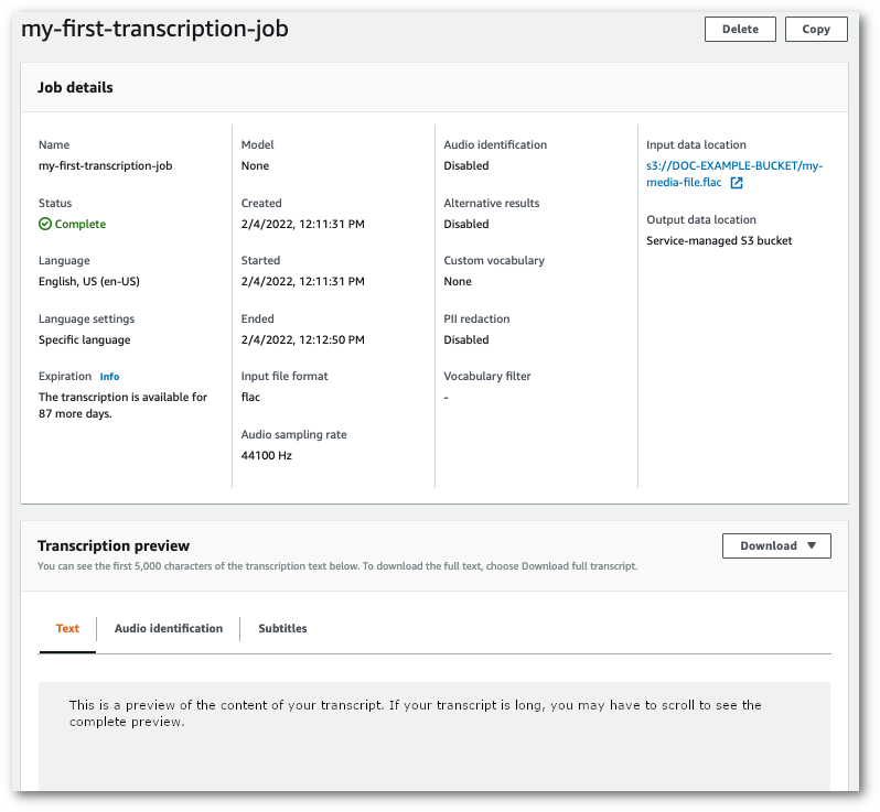 
                        Amazon Transcribe console screenshot: summary page for transcription in a 
                            service-managed bucket.
                    