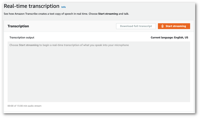 
                    Amazon Transcribe console screenshot: the 'transcription' panel on the 
                        'real-time transcription' page.
                