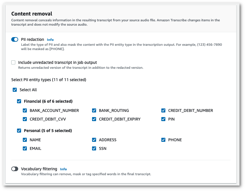 Amazon Transcribe console screenshot: the 'content removal' pane showing PII options.