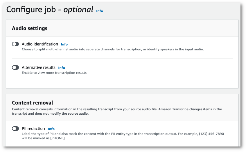 Amazon Transcribe console screenshot: the 'content removal pane' on the 'configure job' page.
