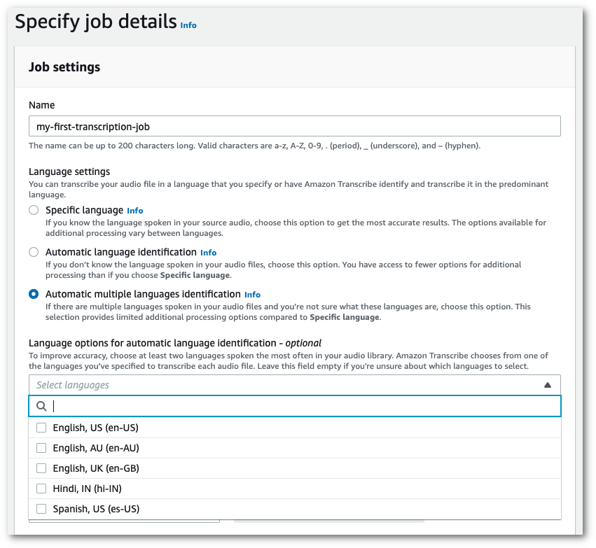 
                    Amazon Transcribe console screenshot: the 'job settings' pane on the 
                        'specify job details' page.
                