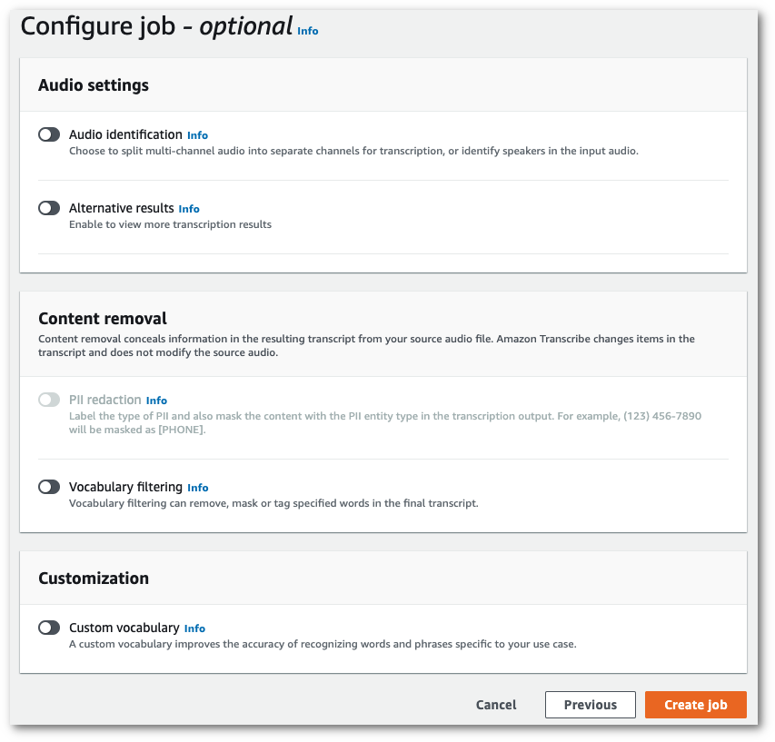 
                    Amazon Transcribe console screenshot: the 'configure job' page.
                