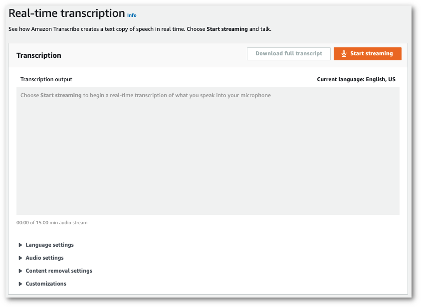 
                    Amazon Transcribe console screenshot: the 'real-time transcription' page.                   
                