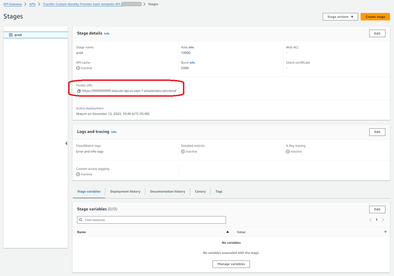Stage details with the Invoke URL highlighted.