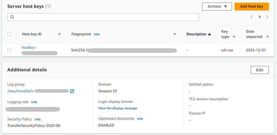 The server details console page for an AS2 server showing the server host keys and additional details sections.