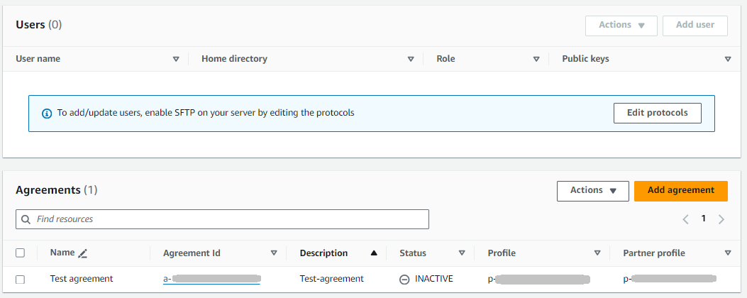 The server details console page for an AS2 server showing the users and agreements sections (AS2 servers do not have any listed users).