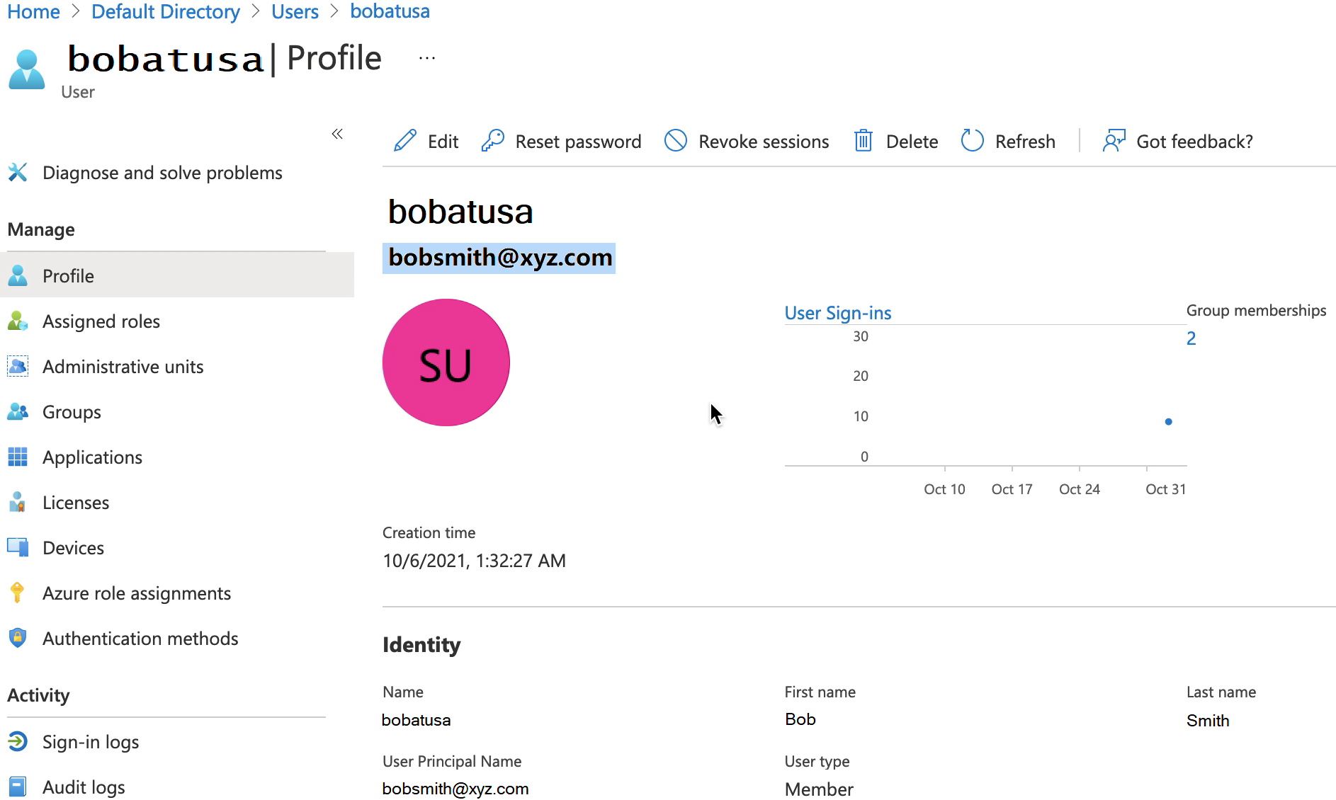 
                    Azure AD screen showing a profile for a user.
                