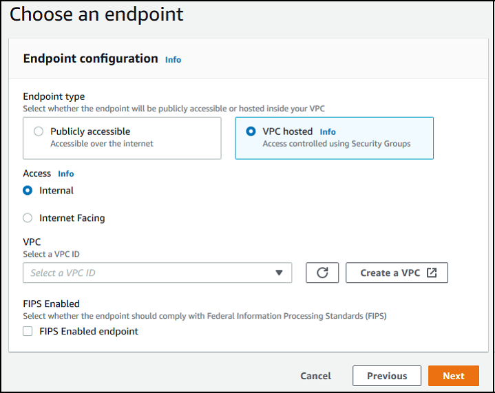 
                        The Choose an endpoint console section with
                                VPC hosted selected.
                    