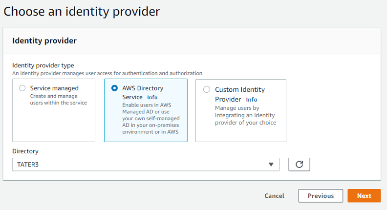 
                            The Choose an identity provider console section with
                                AWS Directory Service selected.
                        