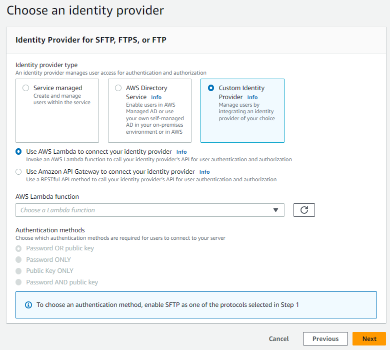 The Choose an identity provider console section with Custom identity provider selected.